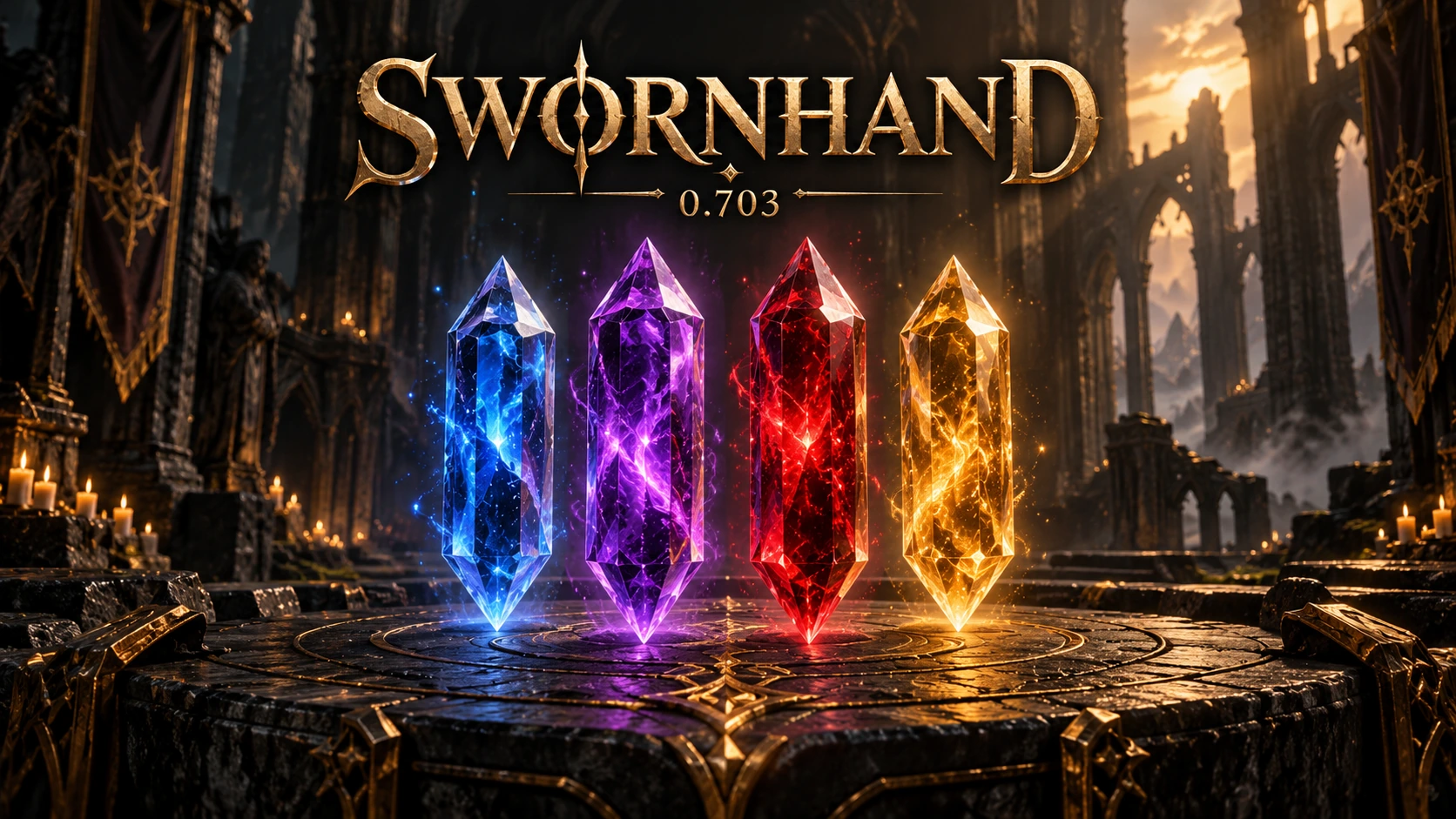 SWORNHAND 0.703: cuatro Gemas del Juramento, azul, violeta, roja y dorada, en una catedral en ruinas