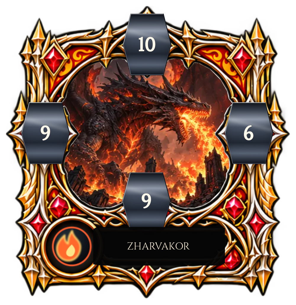 Carta legendaria de fuego Zharvakor, con valores 10 arriba, 6 a la derecha, 9 abajo y 9 a la izquierda